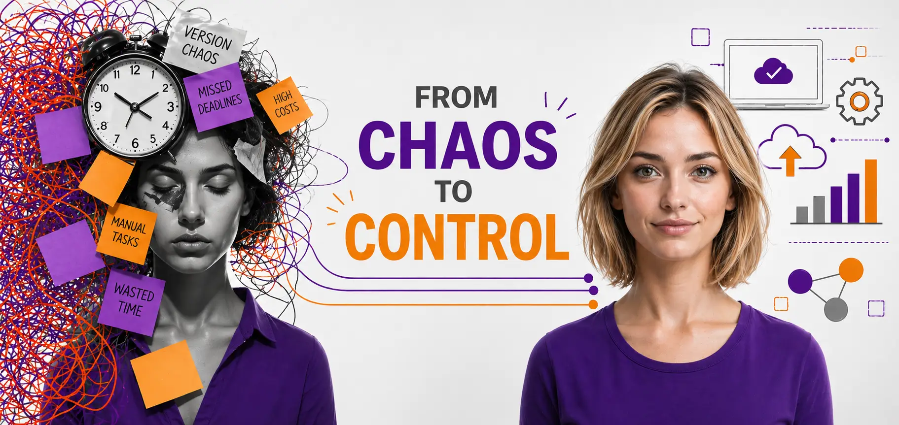 From Chaos to Control with PrintFactory. This striking banner visualizes the journey from chaotic, fragmented print workflows — symbolized by tangled wires, alarm clocks, and overwhelming sticky notes — to calm, organized, and efficient production with one powerful unified platform. PrintFactory delivers complete control over RIP, color management, nesting, and automation, helping printers reduce waste, save time, and increase profitability